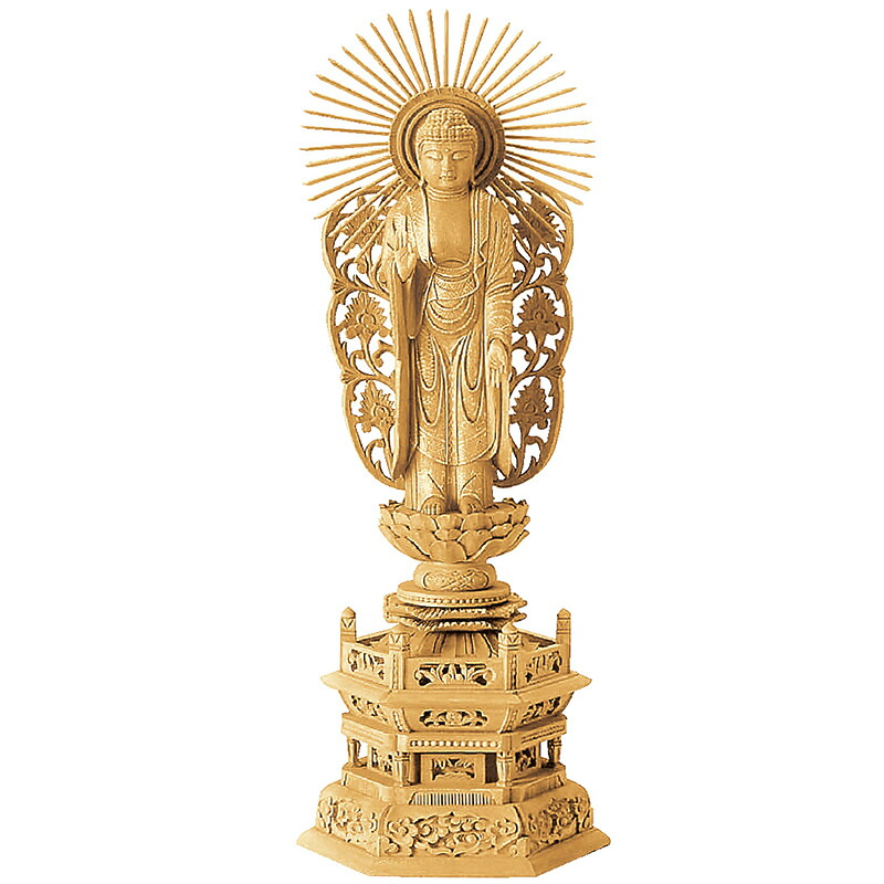 【仏具】【御本尊】仏像・西立弥陀 / 浄土真宗 本願寺宗【楠木地堀 六角台座】（3.0寸～6.0寸 / 高さ：22.8cm～42.0cm）