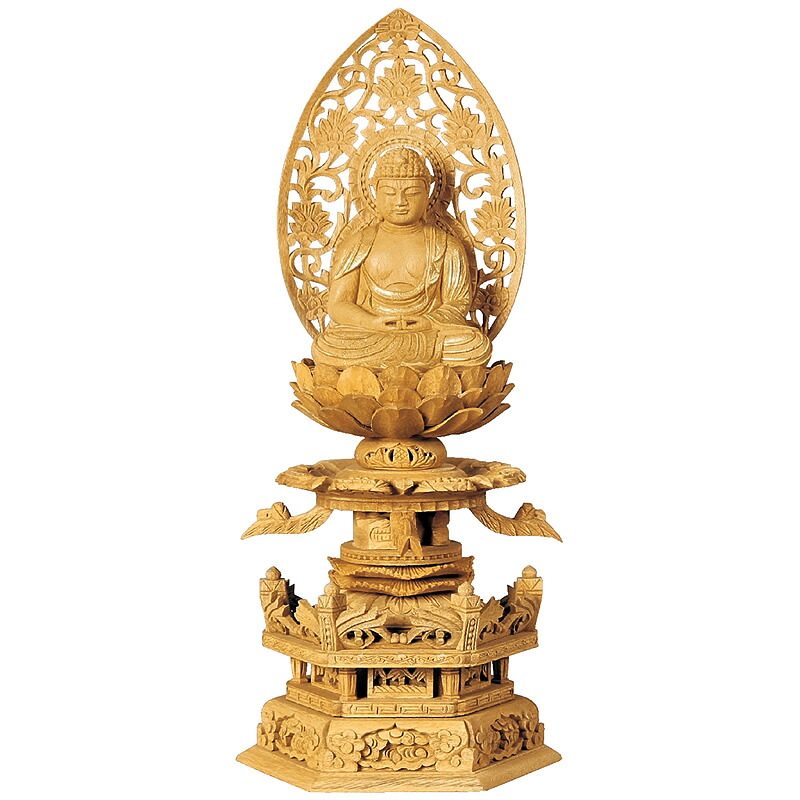 【仏具】【御本尊】仏像・座弥陀 / 天台宗【楠木 六角台座ケマン付】（2.0寸～3.5寸 / 高さ：27.0cm～42.0cm）