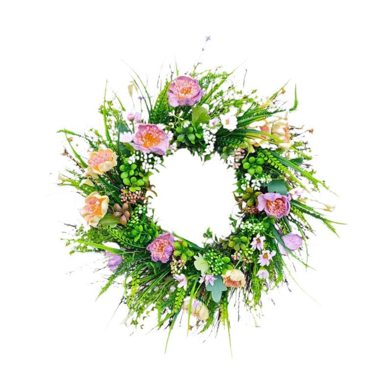 正面玄関のための春の夏の花柄の花輪の緑の葉の家の装飾