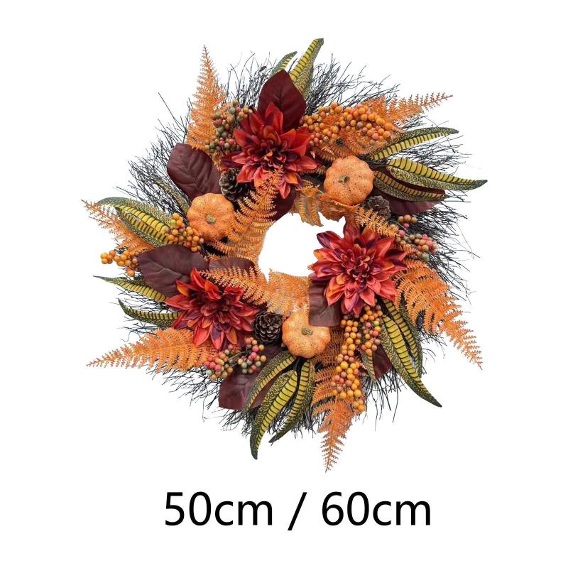 秋の花輪 秋の花輪 玄関の花輪 装飾的な丸い収穫の花輪 窓やお祭りの壁用の造花の花輪