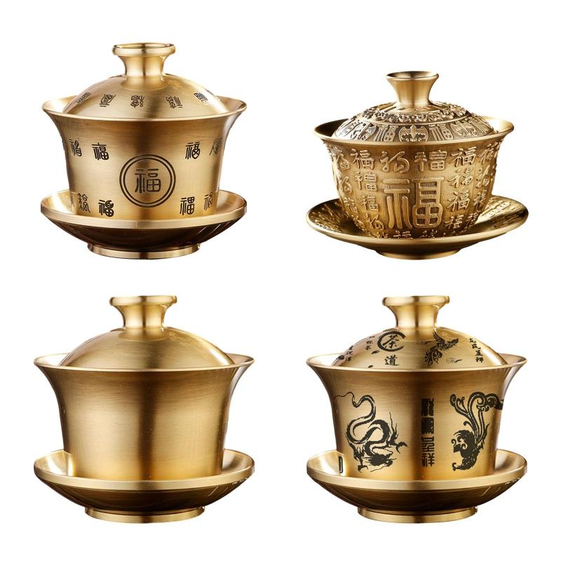 カンフーティーカップとソーサー銅新年ギフトポータブル装飾品中国ガイワンティーセットティーカップ家庭用レストランオフィス