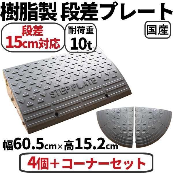段差取り止めるのり面  15珊 段差用 幅60珊 4個書き割り+両隅っこ 312珊相応う  耐荷重10t 国産 脂製段差一皿 可塑性物質 踏み段一皿  パーキング場・車宿りの段差取り止める！室外用 部屋の入り口 車椅子 介護 しり押し SPG15-60×4+C2