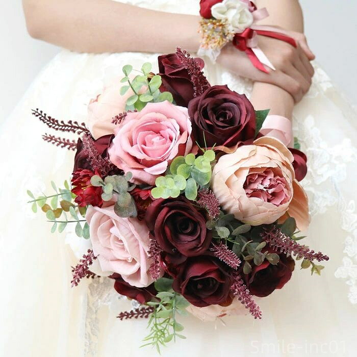 【送料無料】ケ リボン 赤 ピンク 芍薬 ボタン 新婦 同時購入でブートニア割引 手持ち花 お揃い 結婚式 ブーケ 造花