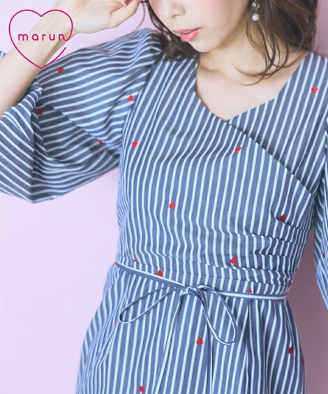 ＼クーポン有／ワンピース ＜大きいサイズ＞オリジナルハート刺しゅうカシュクールワンピース marunレディース 大きいサイズ 20代 30代 40代 50代 秋 冬 お出かけ シンプル ベーシック カジュアル 体型カバー スマイルランド smileland｜SMILE LAND 店