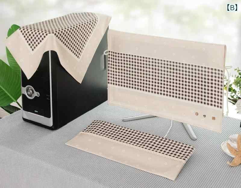 パソコン モニター カバー ほこりよけ ディスプレイ PC デスクトップ 汚れ防止 保護 防塵 キーボード セット 布 クロス 綿麻 ボタン チェック シンプル かわいい 紐