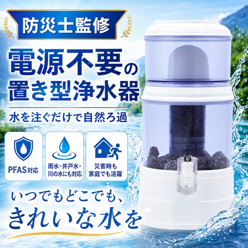 置き型浄水器 不仕合わせ用浄水器 ワット数不必要 明かり不必要 身寄り用浄水器 防災 浄水器サーヴァー 濾す器 水漉し器 井戸水相応う 降雨 川の水 不仕合わせ用水 非常用取っておく 持ちはこぶ 14L 16L 24L PFAS相応う