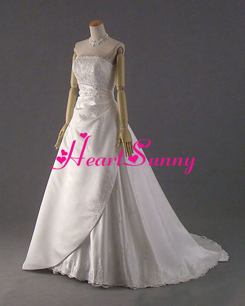 ウェディングドレス Aライン☆D008☆スリット レース 折り目 トレーン☆HeartSunny【RCP】サイズオーダーメイド/結婚式/披露宴/二次会/大きい/小さい/ロングウエディングドレス/パーティードレス/ブライダル/花嫁/格安/激安｜スマイルデ-ショップ