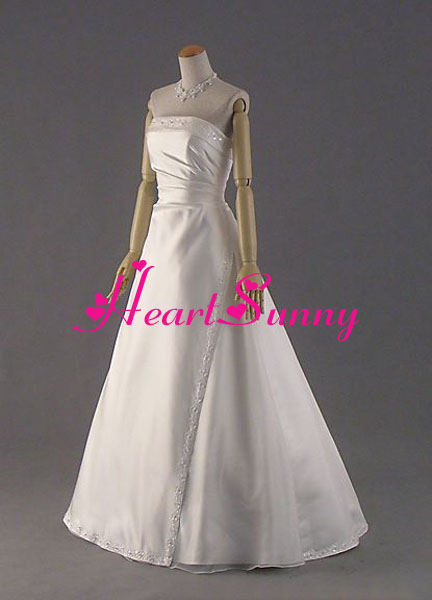 ウェディングドレス Aライン☆D013☆ビーズ飾りレース 光沢サテン☆HeartSunny【RCP】サイズオーダーメイド/結婚式/披露宴/二次会/大きい/小さい/ロングウエディングドレス/パーティードレス/ブライダル/花嫁/格安/激安｜スマイルデ-ショップ