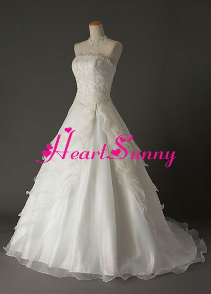 ウェディングドレス Aライン☆D016☆ティアード スリット レースフリル トレーン☆HeartSunny【RCP】サイズオーダーメイド/結婚式/披露宴/二次会/大きい/小さい/ロングウエディングドレス/パーティードレス/ブライダル/花嫁/格安/激安｜スマイルデ-ショップ