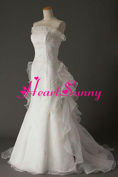 サイズオーダーメイド 結婚式 披露宴 二次会 大きい 小さい ロングウエディングドレス パーティードレス ブライダル 花嫁 格安 激安 スマイルデ ショップ ウエディングドレス マーメイド D043 ティアードフリル 手作り花 トレーン Heartsunny ウェディングドレス