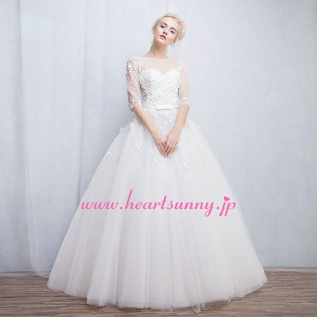 ウェディングドレス プリンセス☆B138☆透明レース丸首5部袖 編み上げ☆HeartSunny【RCP】サイズオーダーメイド/結婚式/披露宴/二次会/大きい/小さい/ロングウエディングドレス/パーティードレス/ブライダル/花嫁/格安/激安|スマイルデ-ショップ