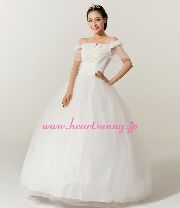 アウトレット送料無料 楽天市場 ウェディングドレス プリンセス E101 手作り花 ビーズ飾りオフショルダー 透明 半袖 ３分袖 Heartsunny Rcp サイズオーダーメイド 結婚式 披露宴 二次会 大きい 小さい ロングウエディングドレス パーティードレス ブライダル