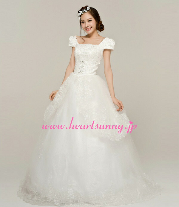 ウェディングドレス プリンセス☆E115☆フレンチ袖 スパンコール レース 編み上げ☆HeartSunny【RCP】サイズオーダーメイド/結婚式/披露宴/二次会/大きい/小さい/ロングウエディングドレス/パーティードレス/ブライダル/花嫁/格安/激安｜スマイルデ-ショップ