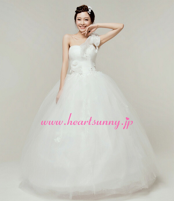 ウェディングドレス プリンセス☆E151☆オフショルダー 手作り花 編み上げ オーガンジー☆HeartSunny【RCP】サイズオーダーメイド/結婚式/披露宴/二次会/大きい/小さい/ロングウエディングドレス/パーティードレス/ブライダル/花嫁/格安/激安｜スマイルデ-ショップ