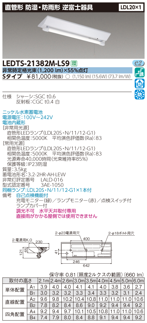 東芝(TOSHIBA) LED非常用照明器具(併用) LDL20×1非常灯電池内蔵防湿防