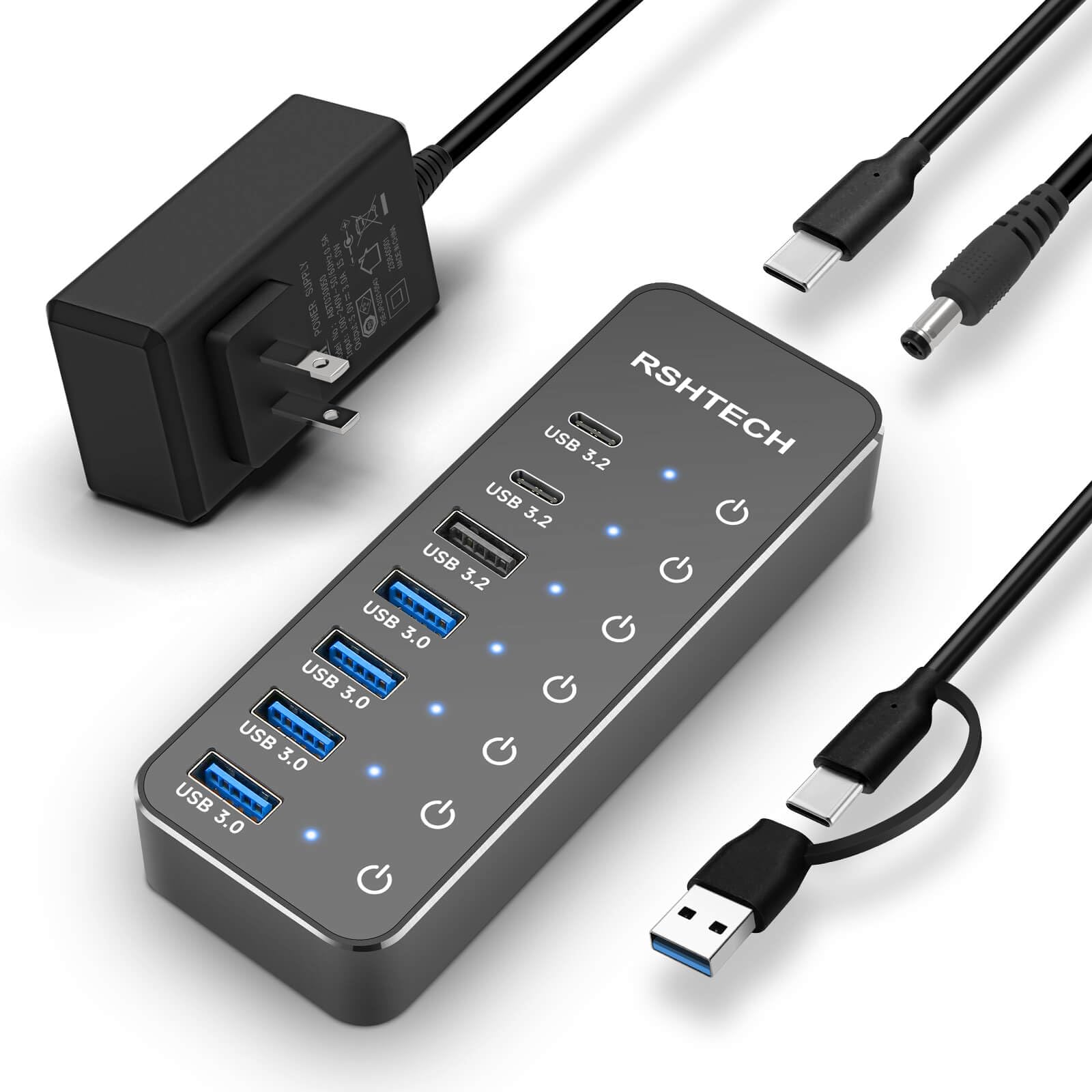 USBハブ 7ポート 10Gbps セルフ バス両対応 ACアダプタ付 ケーブル100cm アルミ合金ボディ 高耐久性 Type-C USB接続 ポート拡張|スマイルセレクション
