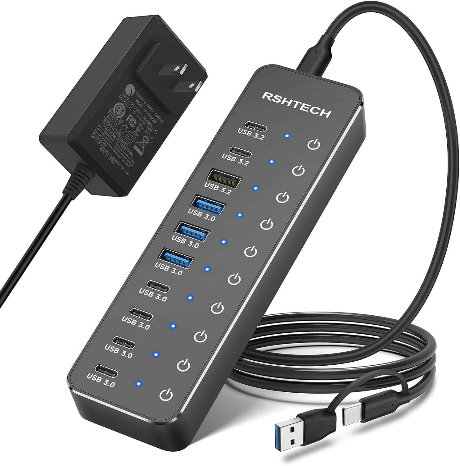 USBハブ 10ポート 拡張 セルフパワー バスパワー 両対応 高速データ転送 独立個別スイッチ アルミニウム合金製 ACアダプタ付き USB-C 6ポート USB-A 4ポート 変換アダプタ付属|スマイルセレクション