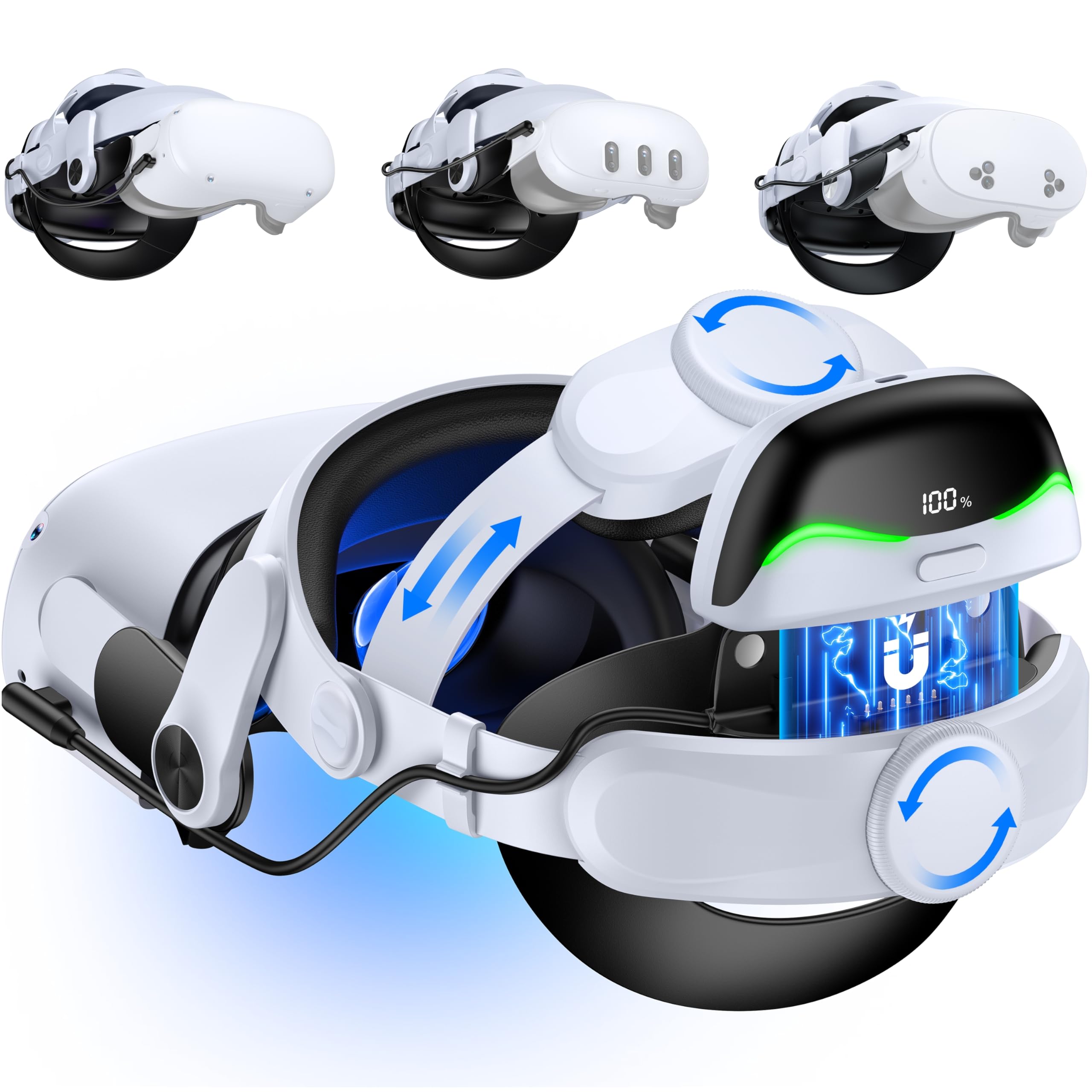 VRヘッドセット用ヘッドストラップ 磁気バッテリー内蔵 ダブルノブ調整 45度フリップヒンジ クッション付き 交換用ヘッドバンド|スマイルセレクション