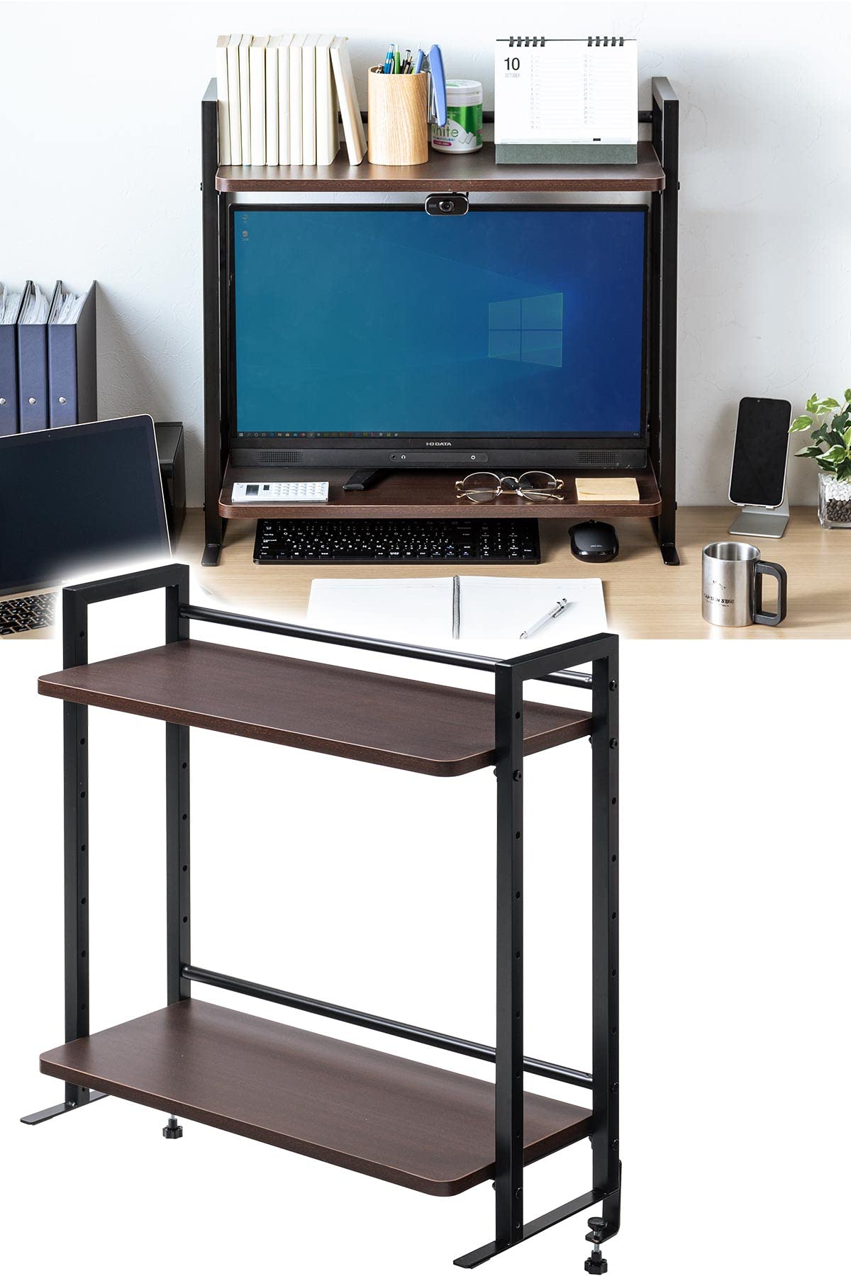 デスク上収納ラック 机上台 幅60cm クランプ式 2段 ハイタイプ シェルフ 机上ラック モニター台|スマイルセレクション