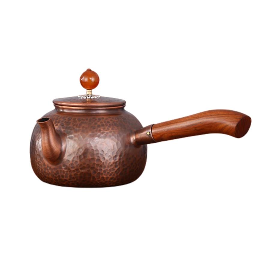 純銅ケトル純銅ティーポット急須 紅茶ティーポット600ml 木製持ち手横手ストレート 銅のティーポット直火可 IH調理器対応 やかん茶道道具 大容量手作り銅ケトル