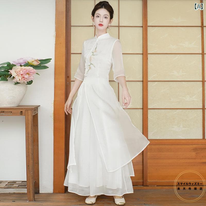 ドレス チャイナ レディース チャイナ風 チャイナ ドレス 刺繍 禅茶師服 春 民族 風 耳 かき 茶 芸 作業着|スマイルウィズミー店