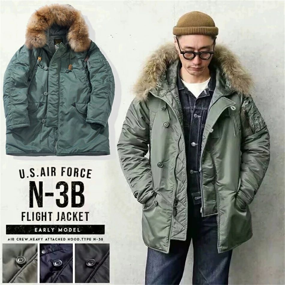 N-3B防寒服 厚手ミドル丈パーカーコート 綿入り ミンクファー N3B秋おしゃれメンズ3カラーファッション時流 取り外し可能な毛皮の襟|スマイルウィズミー店