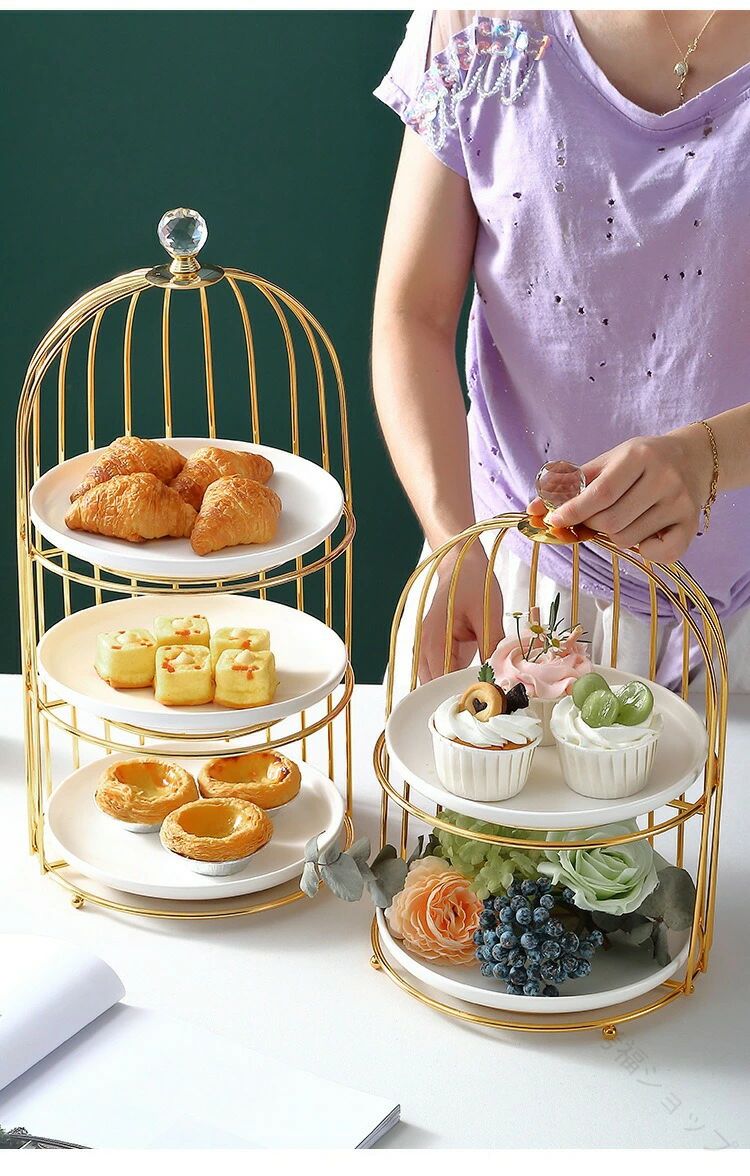 セラミック製ケーキスタンド 2段 3段 円形 鳥籠風デザイン アフタヌーンティー パーティー 結婚式用 お菓子 果物 ディスプレイスタンド 収納ホルダー 陳列台 卓上飾り用