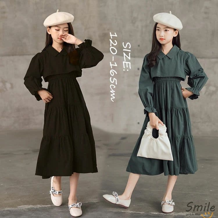 韓国子供服 ワンピース 女の子 女児 ママ レディース ロング丈ワンピース 長袖 春秋冬 おしやれ 可愛い 無地 キッズ ことも服 ジュニア服 ドレスワンピース Aラインワンピース ブラック グリーン 120cm 130cm 140cm 150cm シャツワンピース