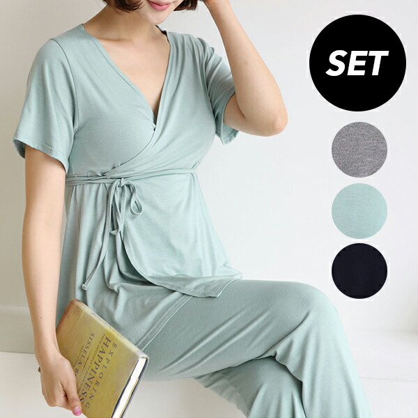 楽天市場 マタニティ パジャマ 夏 授乳 パジャマ 授乳服 パジャマ セットアップ 上下セット 薄手 半袖 マタニティ パンツ 部屋着 ルームウェア 入院着 出産準備 ラップスタイル 授乳カットソー マタニティパンツ 上下セット 胸下リボンラップデザイン 授乳服上下セット