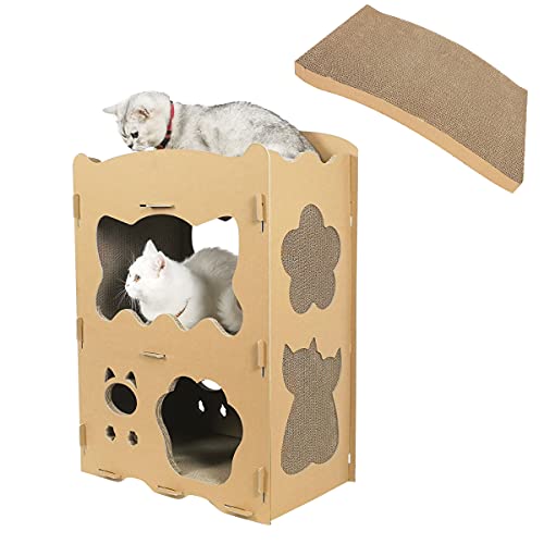 【RAKU】新型猫用爪とぎ 天板２枚付き キャットハウス キャットタワー ダンボールハウス 爪とぎ兼ベッド 猫箱 二階 組み立て式 高密度段ボー