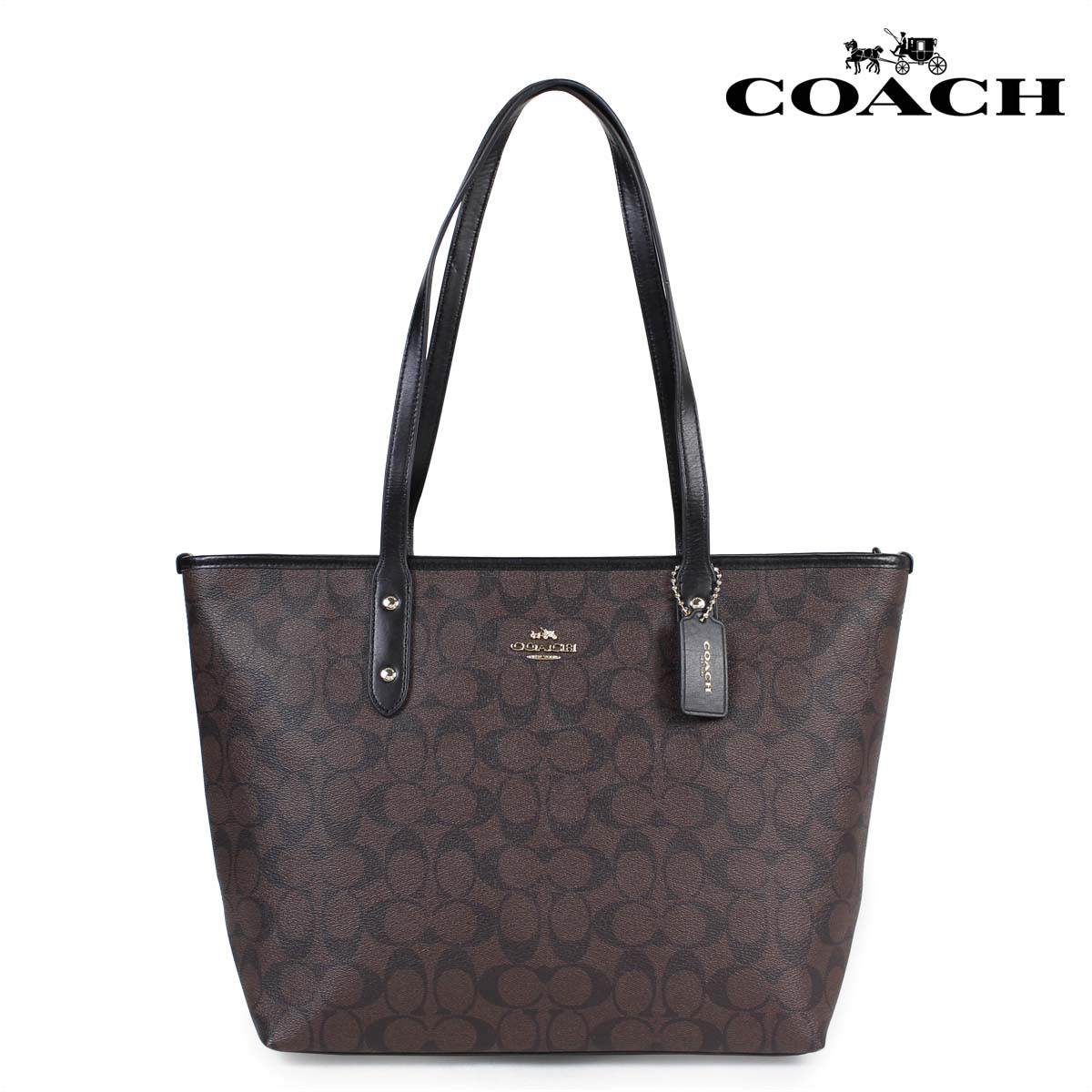 Coach City Zip Tote Black Brown Coated Canvas Signature Leather F58292 IMAA8 NEW