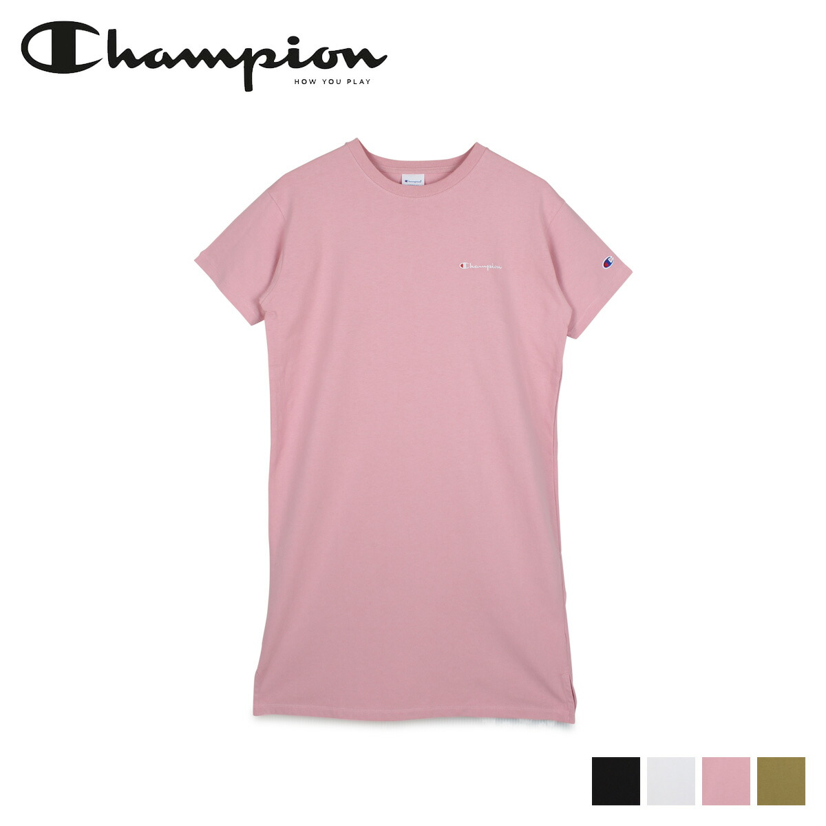 1494円 最大95 Offクーポン チャンピオン Champion ワンピース 半袖 Tシャツワンピース レディース Onepiece Dress ブラック ホワイト カーキ オフ ピンク 黒 白 Cw S304