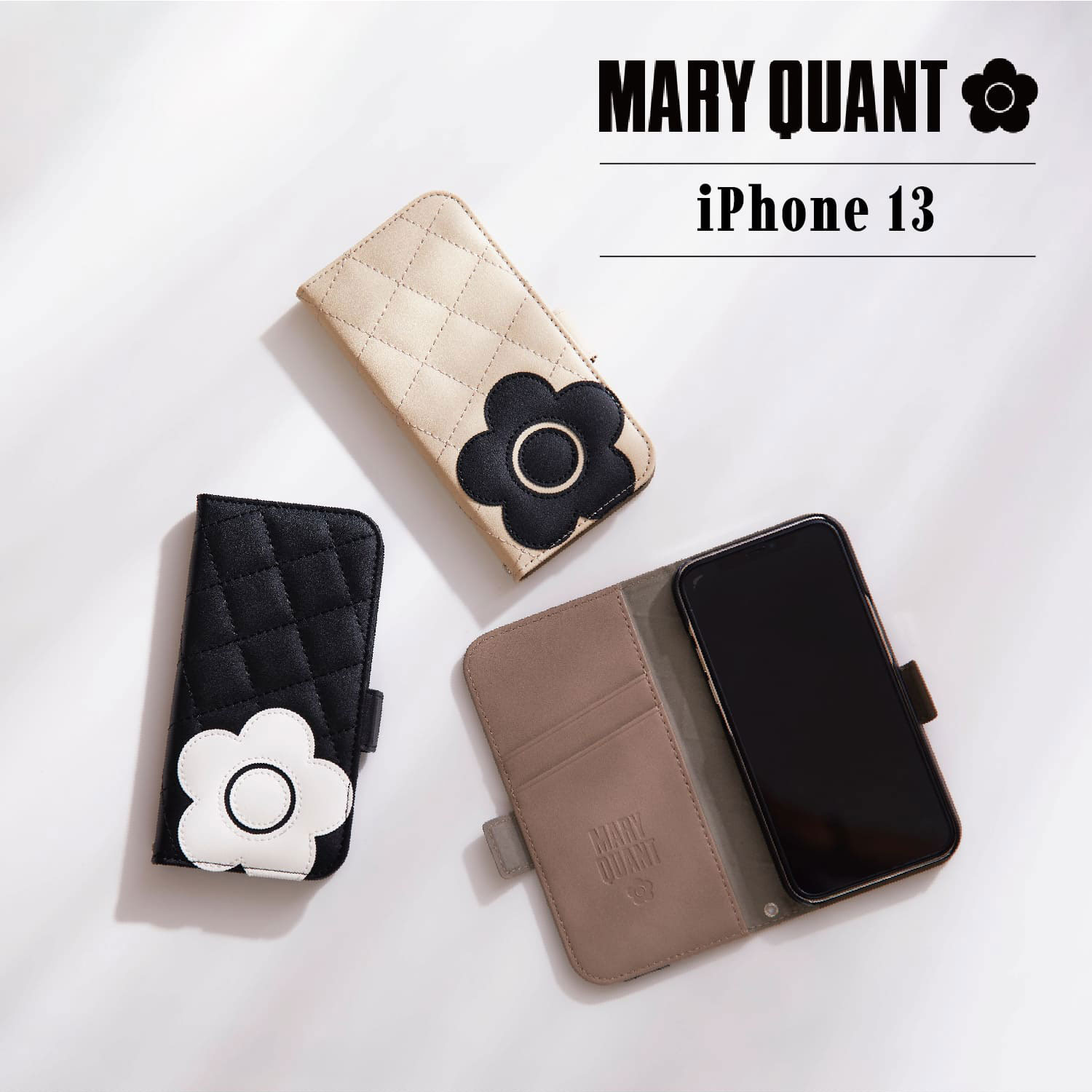 MARY QUANT マリークワント iPhone 13 ケース スマホケース 携帯 手帳型 レディース マリクワ PU QUILT LEATHER  BOOK TYPE CASE ブラック ベージュ 黒 IP13-MQ01 91％以上節約
