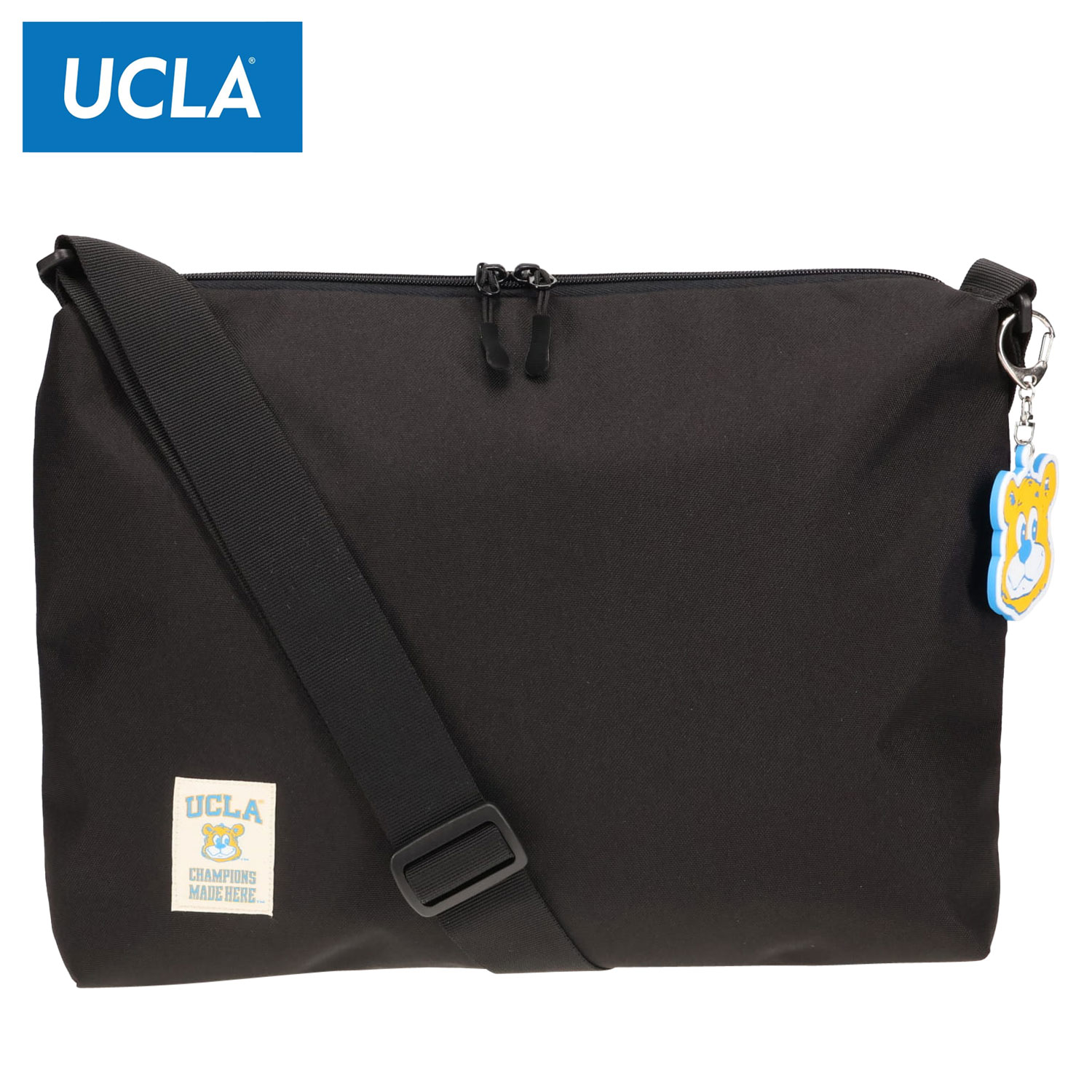 UCLA ユーシーエルエー ショルダーバッグ サコッシュ メンズ レディース くま クマ 斜めがけ 大人 軽量 ジョー ラバーチャーム付き スクエア SACOCHE ブラック 黒 440-114 母の日