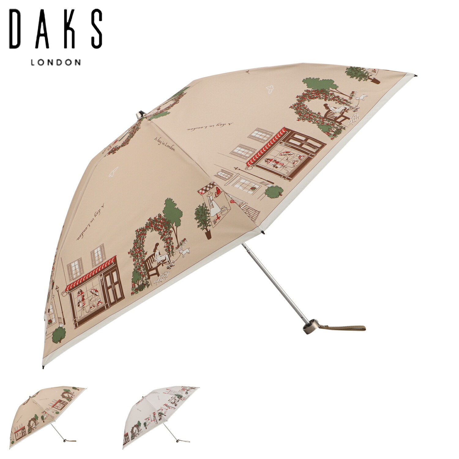 新品★DAKSダックス捺染プリントカラフル街並み柄晴雨兼用折りたたみ傘★日傘★黒 捺染プリントカラフル街並み柄 晴雨兼用折りたたみ傘｜DAKS