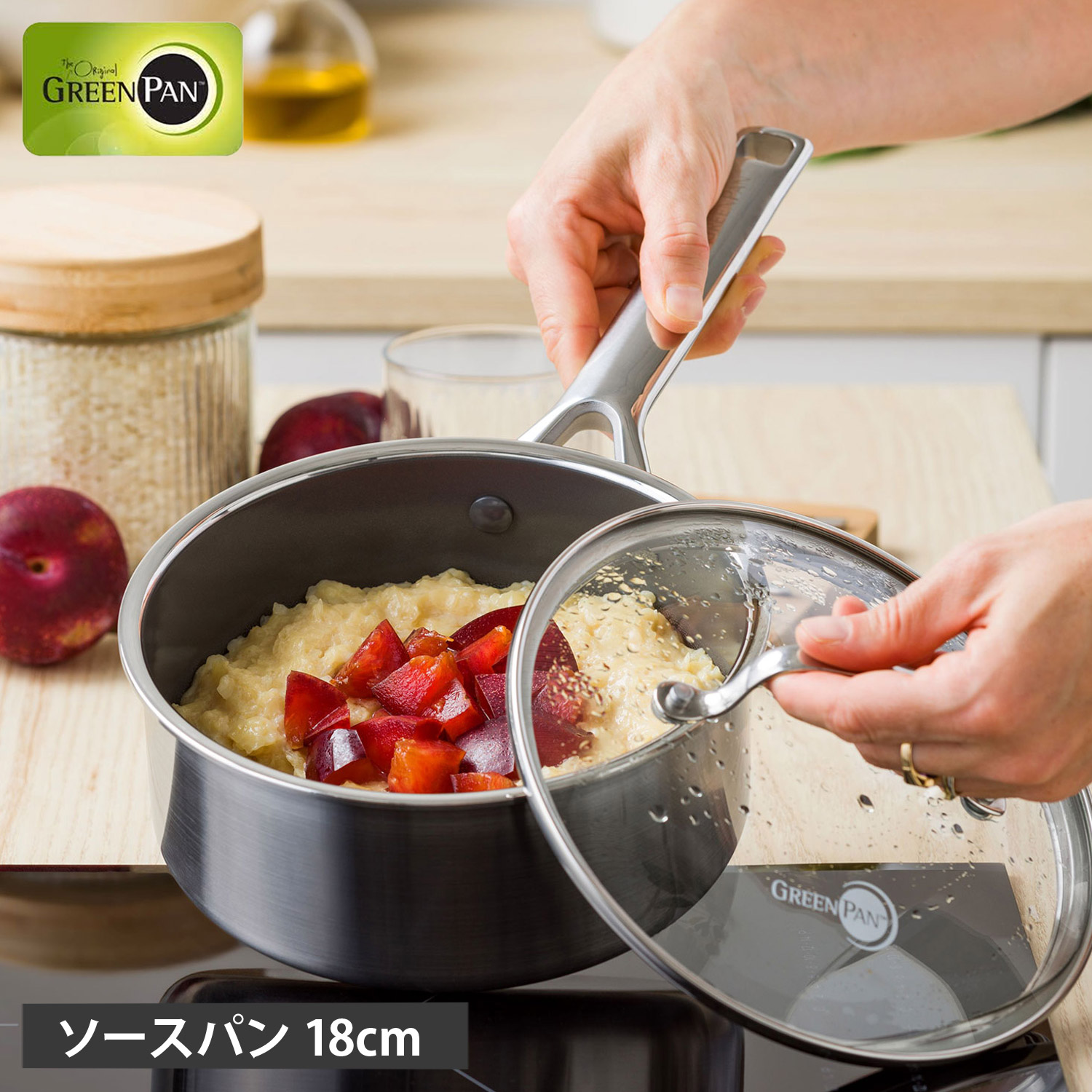 グリーンパン GREENPAN ソースパン 片手鍋 18cm ガラス蓋付き IH オーブン 食器洗浄乾燥機対応 ステンレス エーペックス CC010625-104｜スニークオンラインショップ
