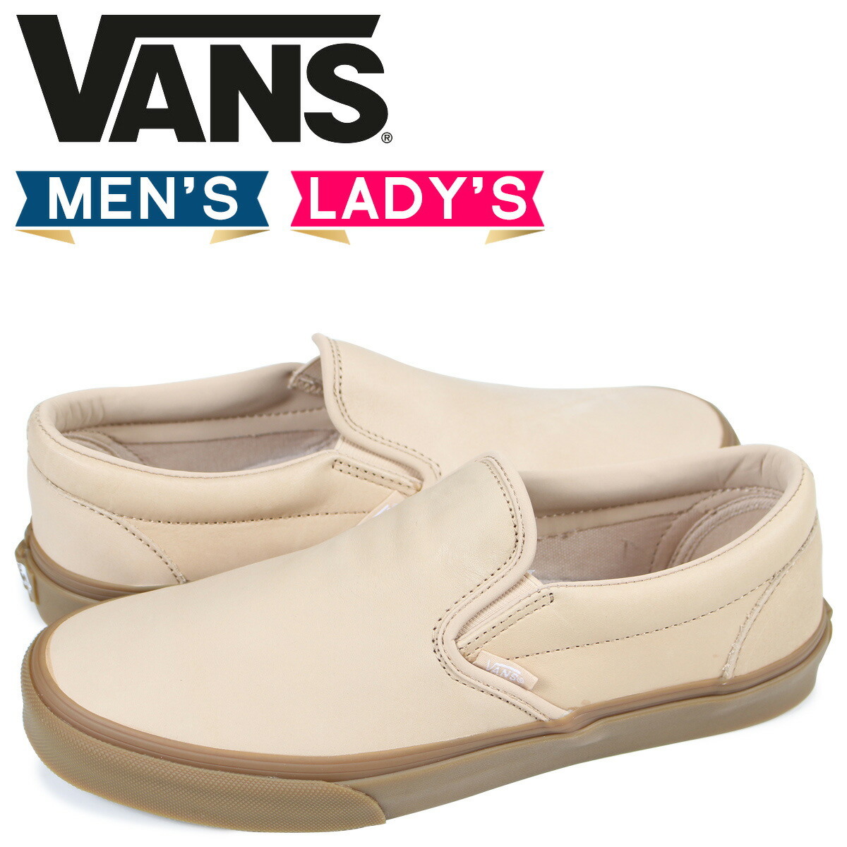 vans beige leather slip ons