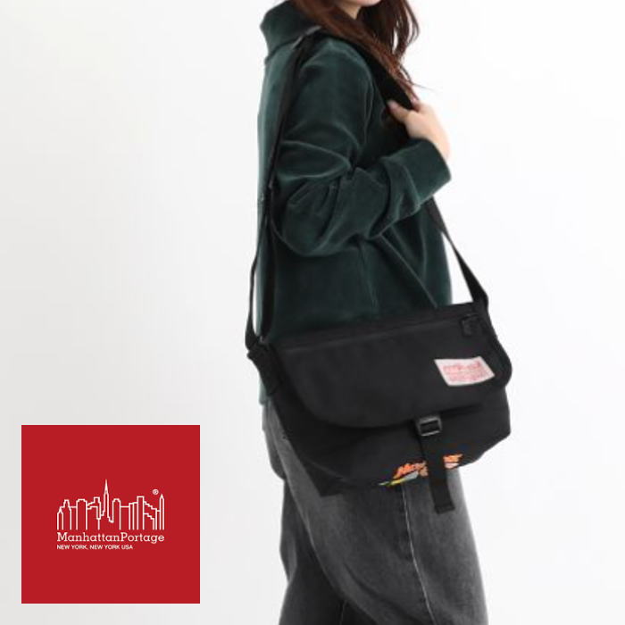 マンハッタンポーテージ Manhattan Portage ナイロン メッセンジャーバッグ JR フラップ ジッパー ポケット ビニール ライニング ローレン マーティン ブラック Nylon Messenger Bag JR Flap Zipper Pocket Vinyl Lining Lauren Martin 1605-JR-FZP-LVL-LAUREN BLK【GIFO】