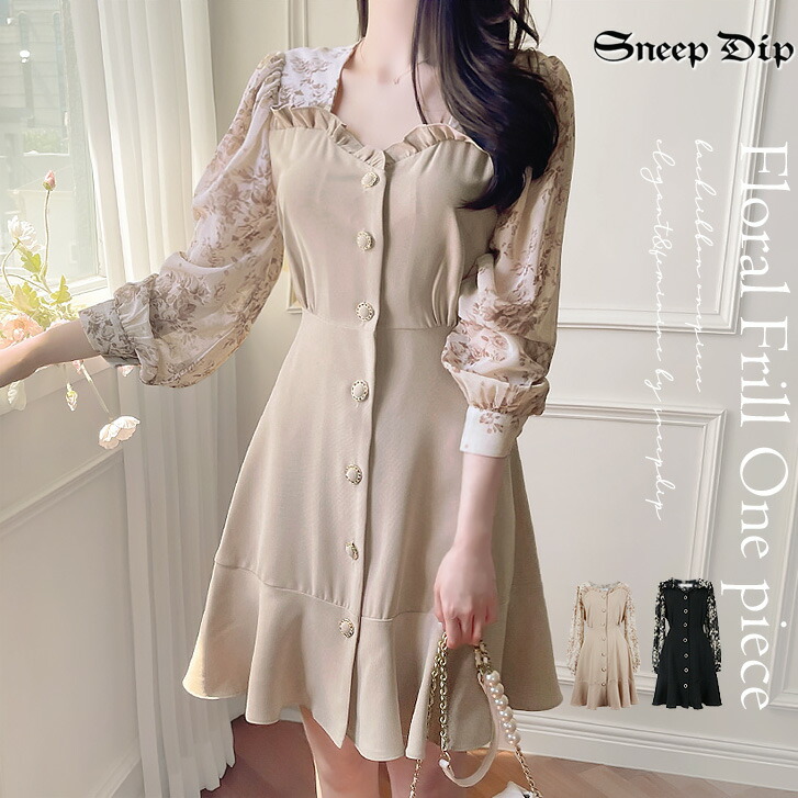 フリルフラワーワンピース 花柄 フラワー ミニ ミニ丈 コンビ 配色 バイカラー フラワープリント フリル フレア 秋冬 春 長袖ワンピ 伸縮 シアー 透け 量産系 リボン ワンピ ワンピース Op 異素材 Sneepdip 韓国ワンピ 長袖 華やか 水彩画風 コンビ ボタン ミディ丈