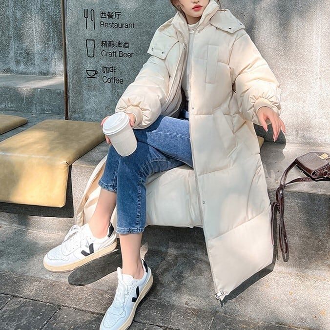 レディース トップス コート ダウン 上着 羽織 前開き 膝下 ロング 長袖 ハイネック ノーカラー フード ストレート Iライン オーバーサイズ ファスナー ポケット 2way 大人可愛い
