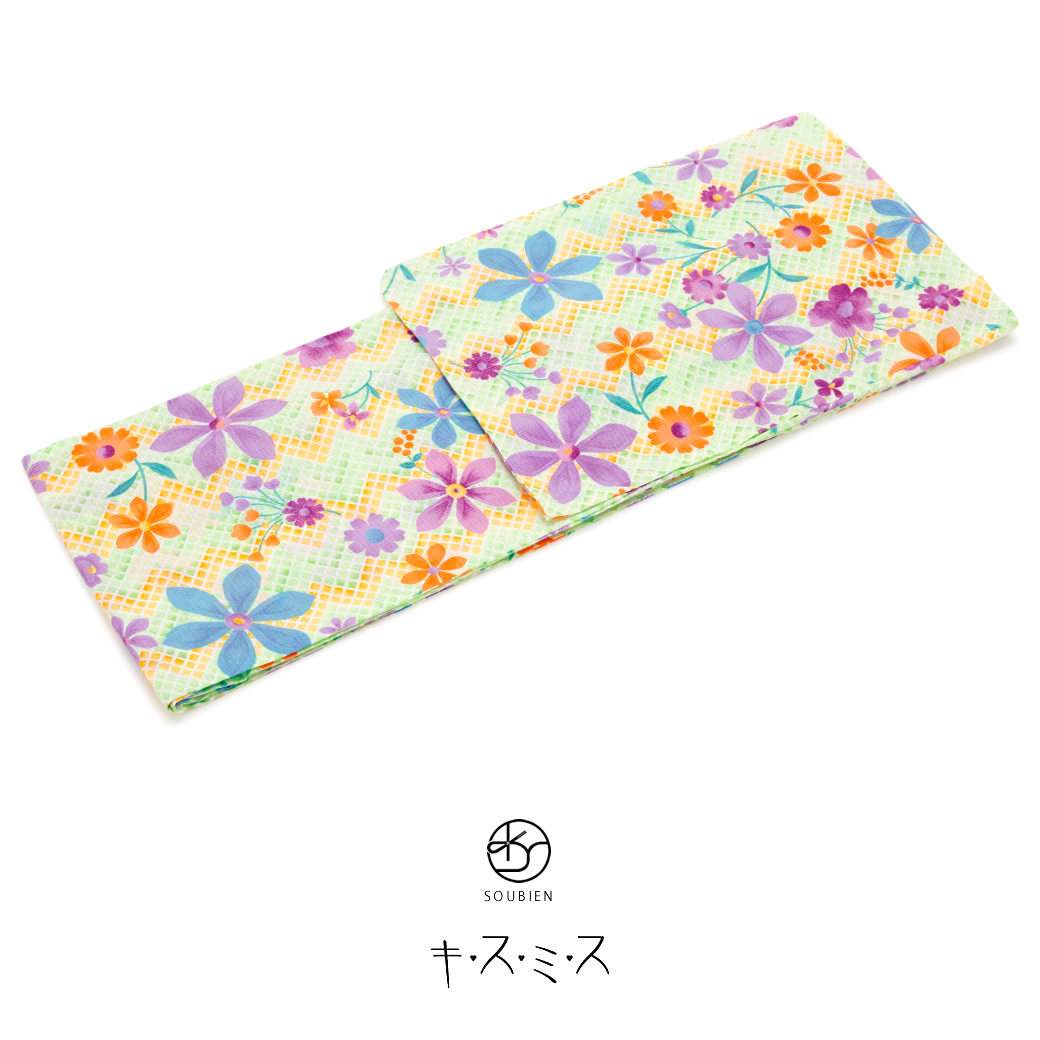 【この夏だけのご優待】浴衣関連商品50％OFF 浴衣 レディース キスミス 緑 グリーン 橙色 オレンジ カラフル クレマチス 花 変わり縞 綿 紅梅織り 夏祭り 花火大会 女性用 仕立て上がり フリー【期間限定クーポン】｜きもの館　創美苑
