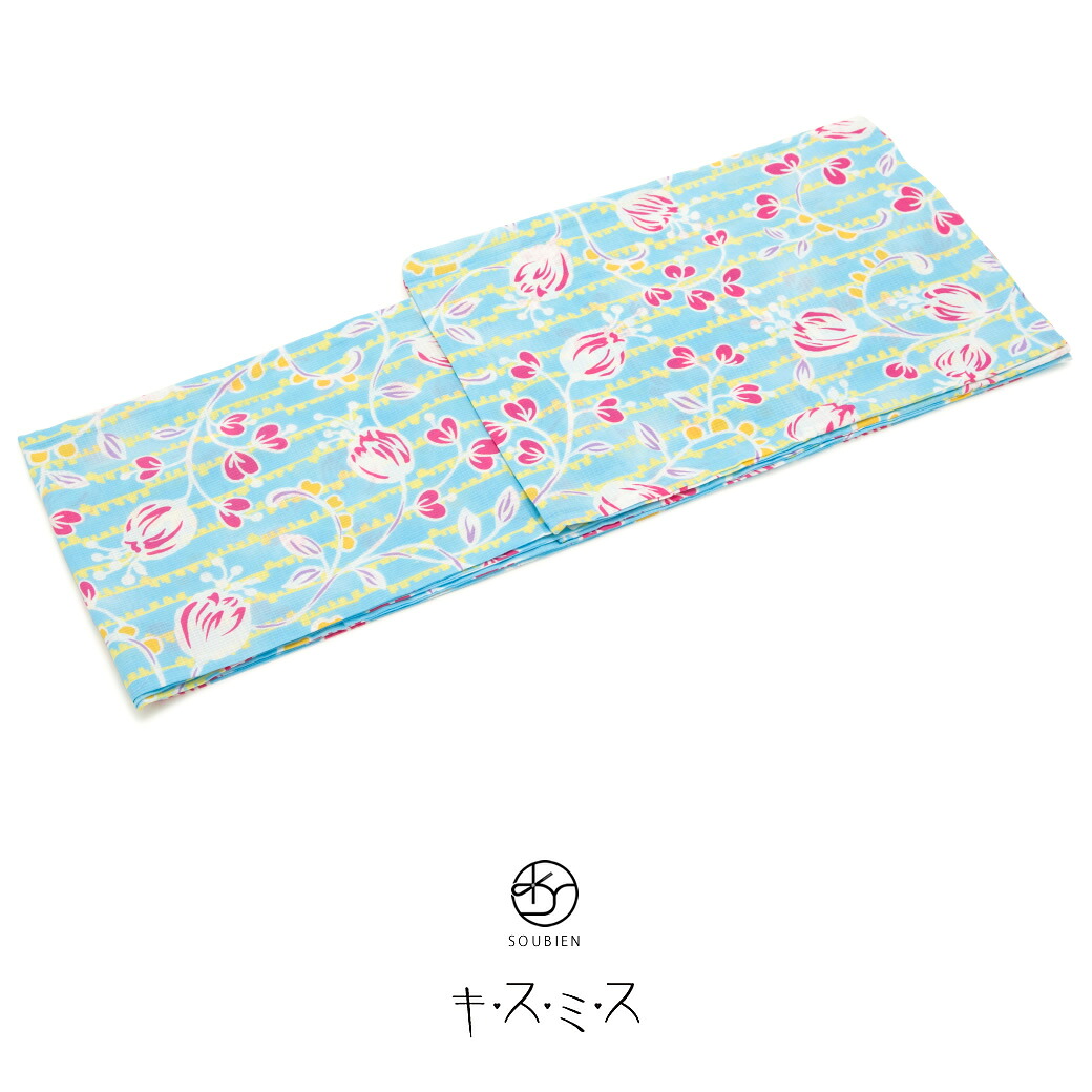 【この夏だけのご優待】浴衣関連商品50％OFF 浴衣 レディース キスミス 水色 ブルー ピンク 花 変わり縞 綿 紅梅織り 夏祭り 花火大会 女性用 仕立て上がり フリー【期間限定クーポン】｜きもの館　創美苑