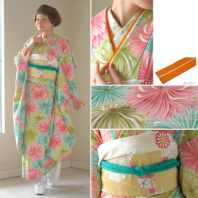 振袖 セット 老舗 ブランド きもの道楽 和風館 緑 ピンク 菊 ガーベラ 花 洗える着物 モダン 仕立て上がり 成人式 二次会 パーティー 結婚式 販売 日本製 送料無料 Mowasay Com