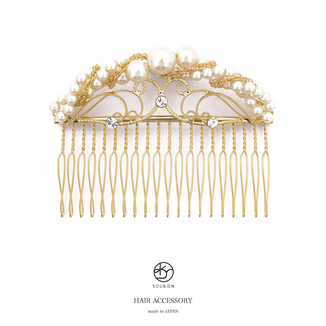 【40％OFF】ヘアアクセサリー　金色　ゴールド　唐草　螺旋　鎖　チェーン　フェイクパール　ラインストーン　コーム　髪飾り　髪留め　日本製【18周年記念クーポン配布中】