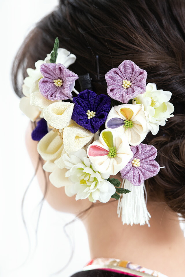 髪飾り 成人式 つまみ細工 2点セット 白 ホワイト 紫 パープル 紺 菊 キク 花 コサージュ 房飾り コーム Uピン 髪留め ヘアアクセサリー 振袖 卒業式 日本製 和装 あす楽対応 Napierprison Com