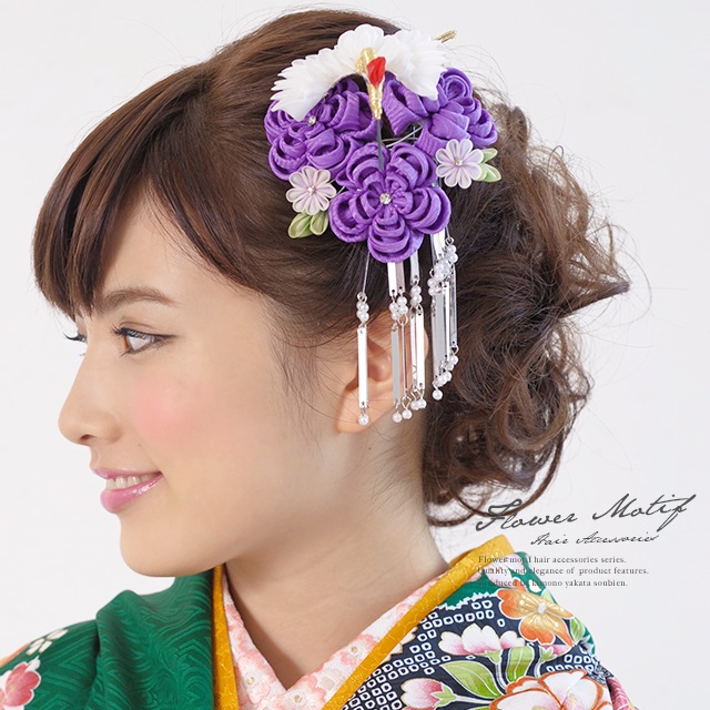 楽天市場 成人式 つまみ細工 髪飾り 卒業式 振袖 鶴 紫 コーム びら簪 パールビーズ 正絹 髪留め ヘアアクセサリー 和装 あす楽対応 きもの館 創美苑