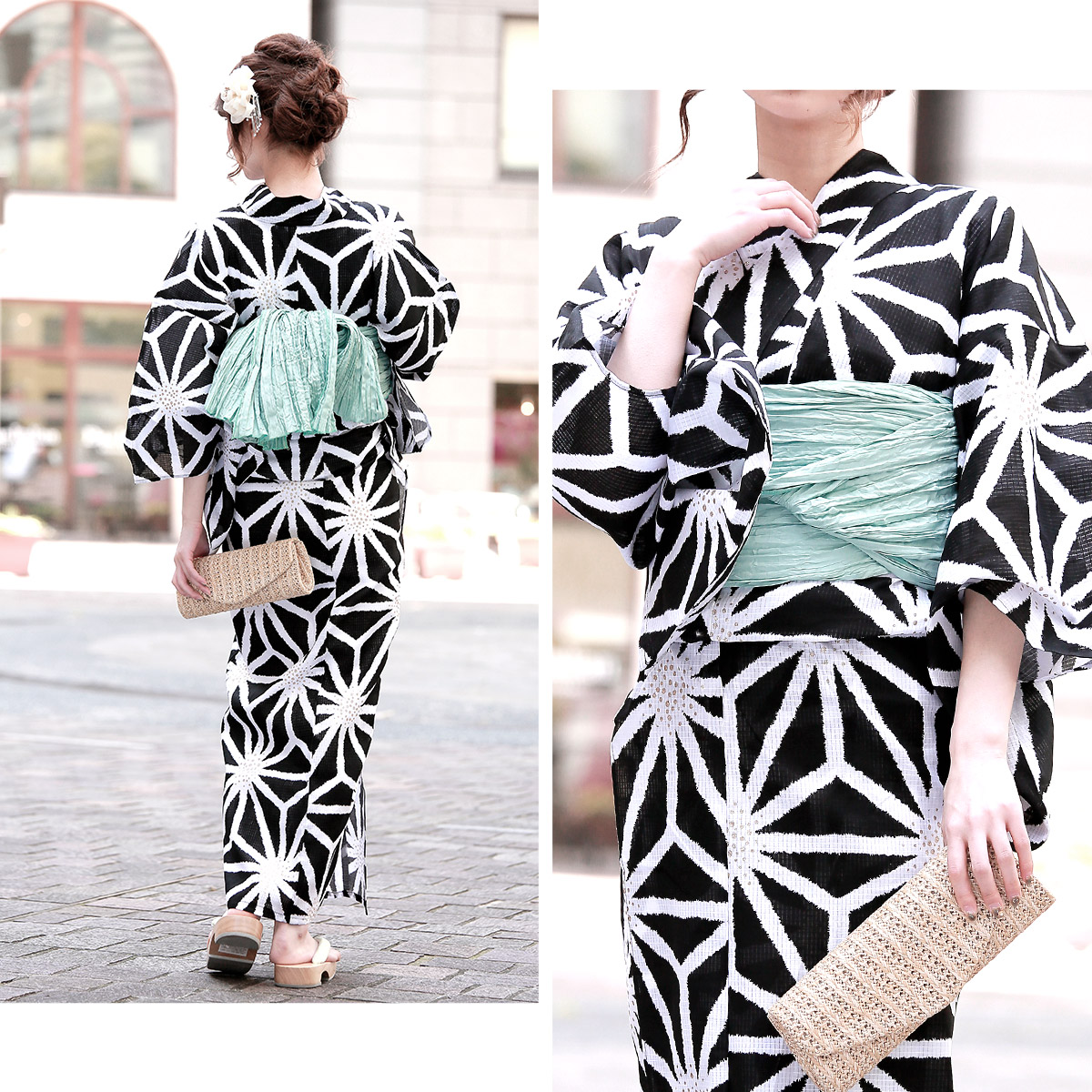 SOUBIEN Yukata set (heko geta, yukata) bonheur saisons black black white white lame hemp