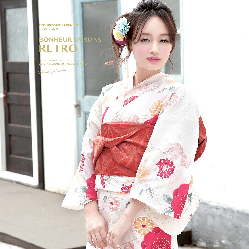 【50％OFF】浴衣 セット レディース レトロ 浴衣セット 大人 3点セット クリーム 黄色系 ピンク 赤 桜 菊 金魚 ラメ 綿 兵児帯 女性 ボヌールセゾン S フリー 送料無料【18周年記念クーポン配布中】