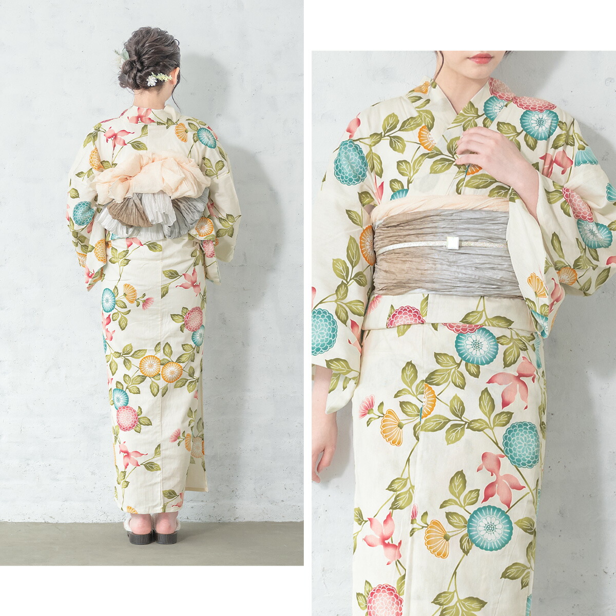 贈呈 浴衣 セット レディース 浴衣セット 兵児帯 22 新作 大人 3点セット ボヌールセゾン 白系 アイボリー 緑色 赤 茶橙 菊 花 金魚 綿 変わり織り 夏 花火大会 Sサイズ フリーサイズ あす楽対応商品 送料無料 Fucoa Cl