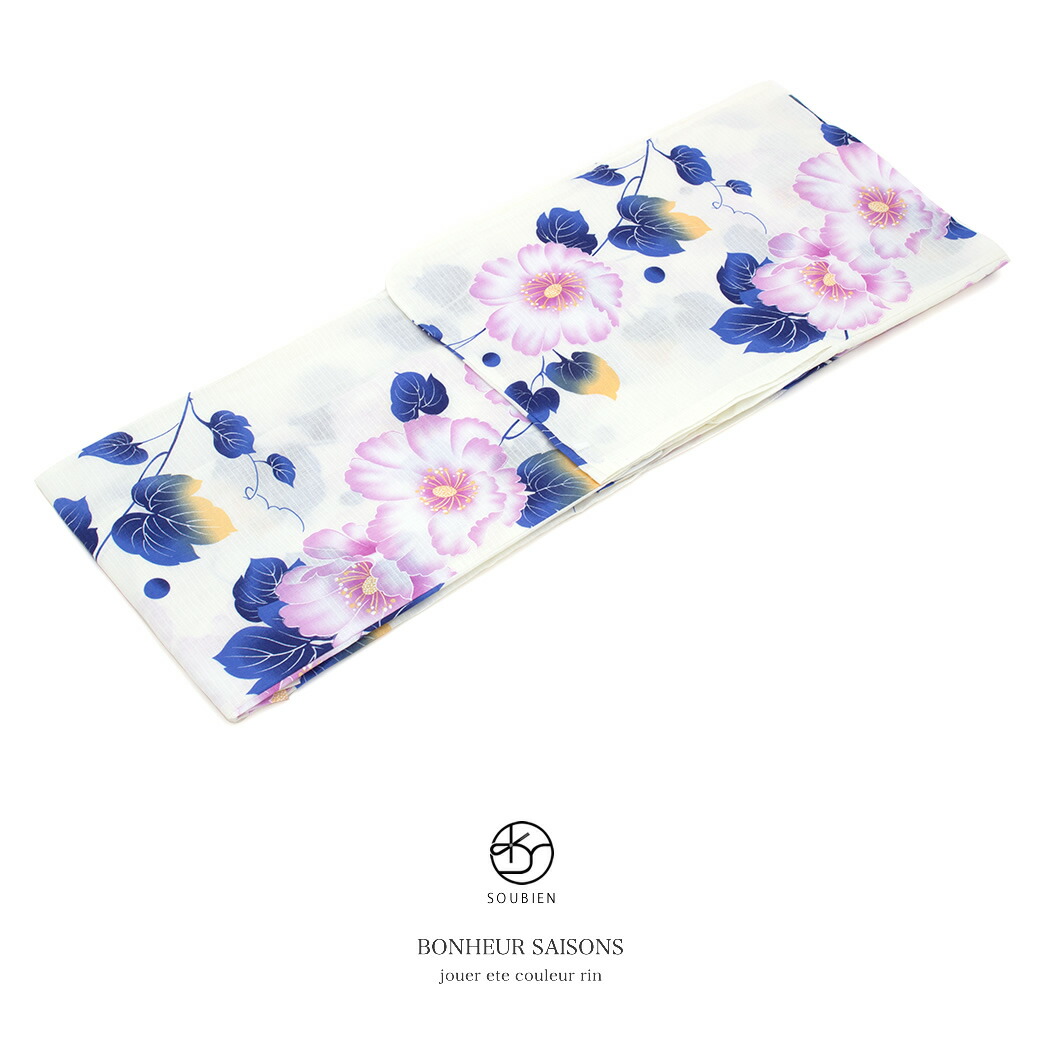 【この夏だけのご優待】浴衣関連商品50%OFF 浴衣 レディース bonheur saisons ボヌールセゾン 白系 オフホワイト 紫 青 木芙蓉 花 綿 紅梅織り 夏祭り 花火大会 女性用 仕立て上がり フリー【期間限定クーポン】|きもの館 創美苑
